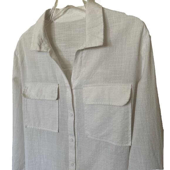 White Linen Collarless Button Shirt Roll Tab Sleeve Women’s Size XL Pock… - Picture 4 of 11